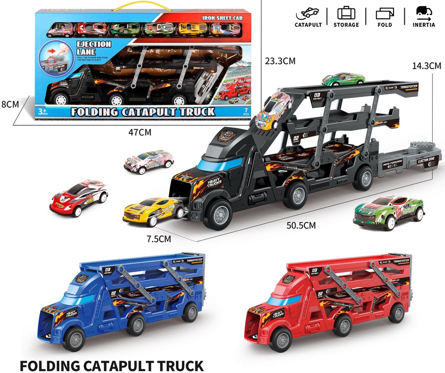 Камион Автовоз Разгъващ се Катапулт с 6 Метални Колички 51×18×10 см Кутия 47×24×8 см